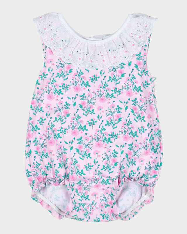 Girl's Eyelet Collar Floral-Print Romper, Size 3M-24